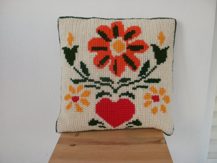 Embroidered Pillow Cover Flowers and Heart