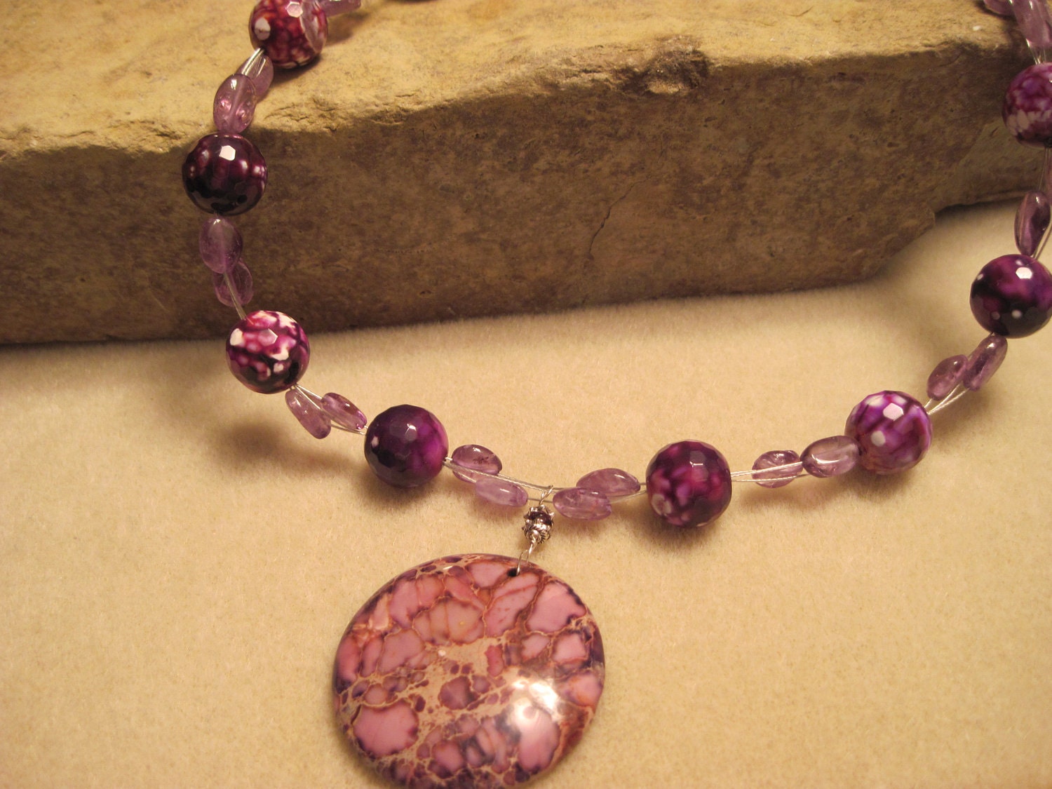 pink mosaic pendant necklace, faceted purple agate, beaded, amethyst, unique, handmade, spring colors