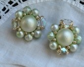 SALE Vintage 60s Mod /Japan / Seafoam Green / Pearl Beads / Clip on Earrings