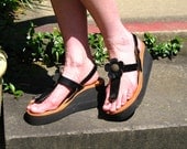 SALE Vintage Ananias / Greek / Boho / Black / Leather / Wedge / Platform / Floral / Thong / Summer Sandals