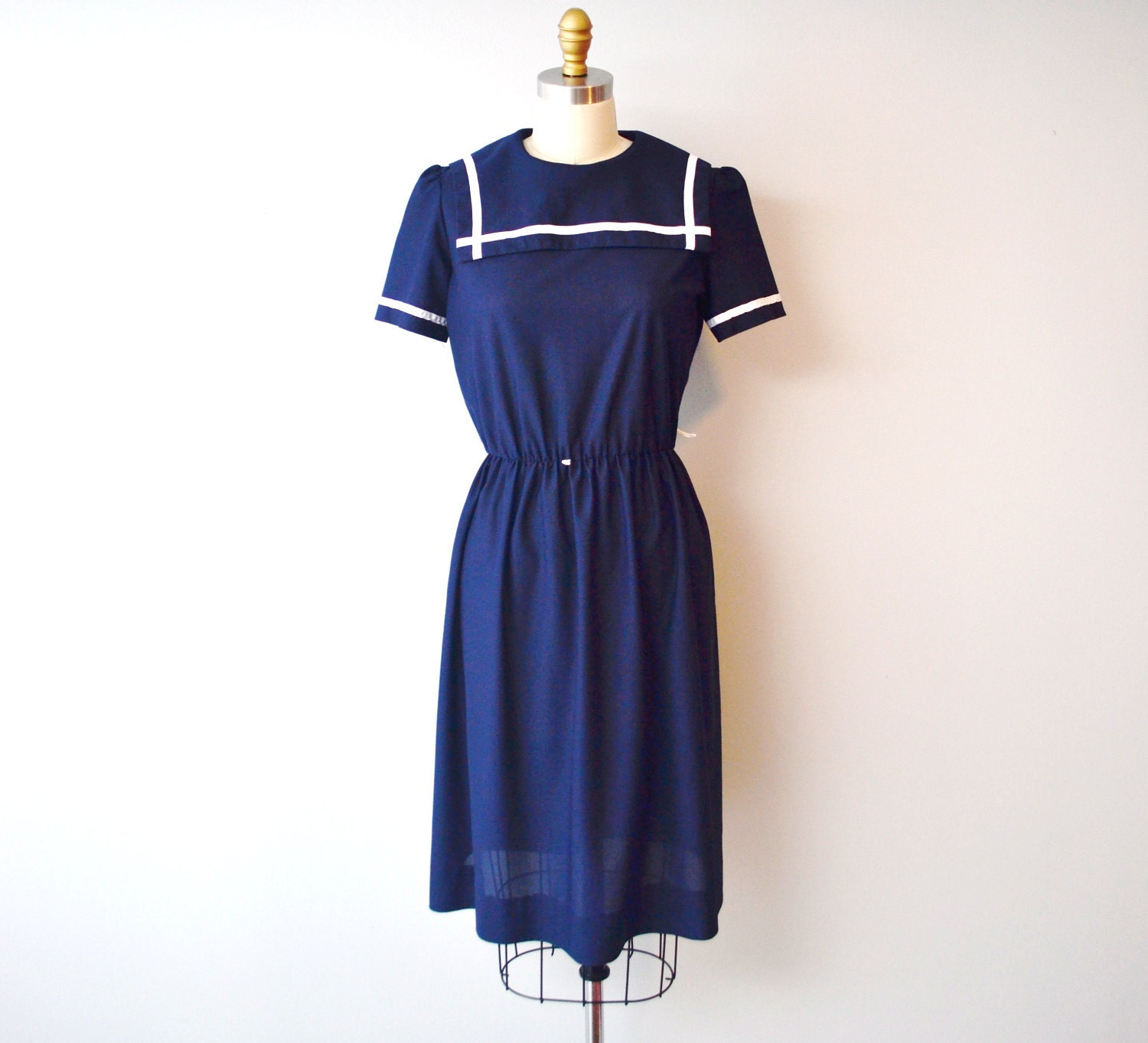Vintage Semi sheer Nautical DRESS size aprox S/M by Toni, navy blue