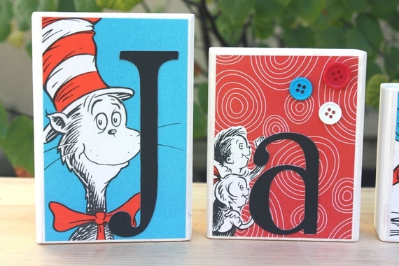 baby name blocks - Cat in The Hat  Blocks made with any name you choose- made using real vintage book pages