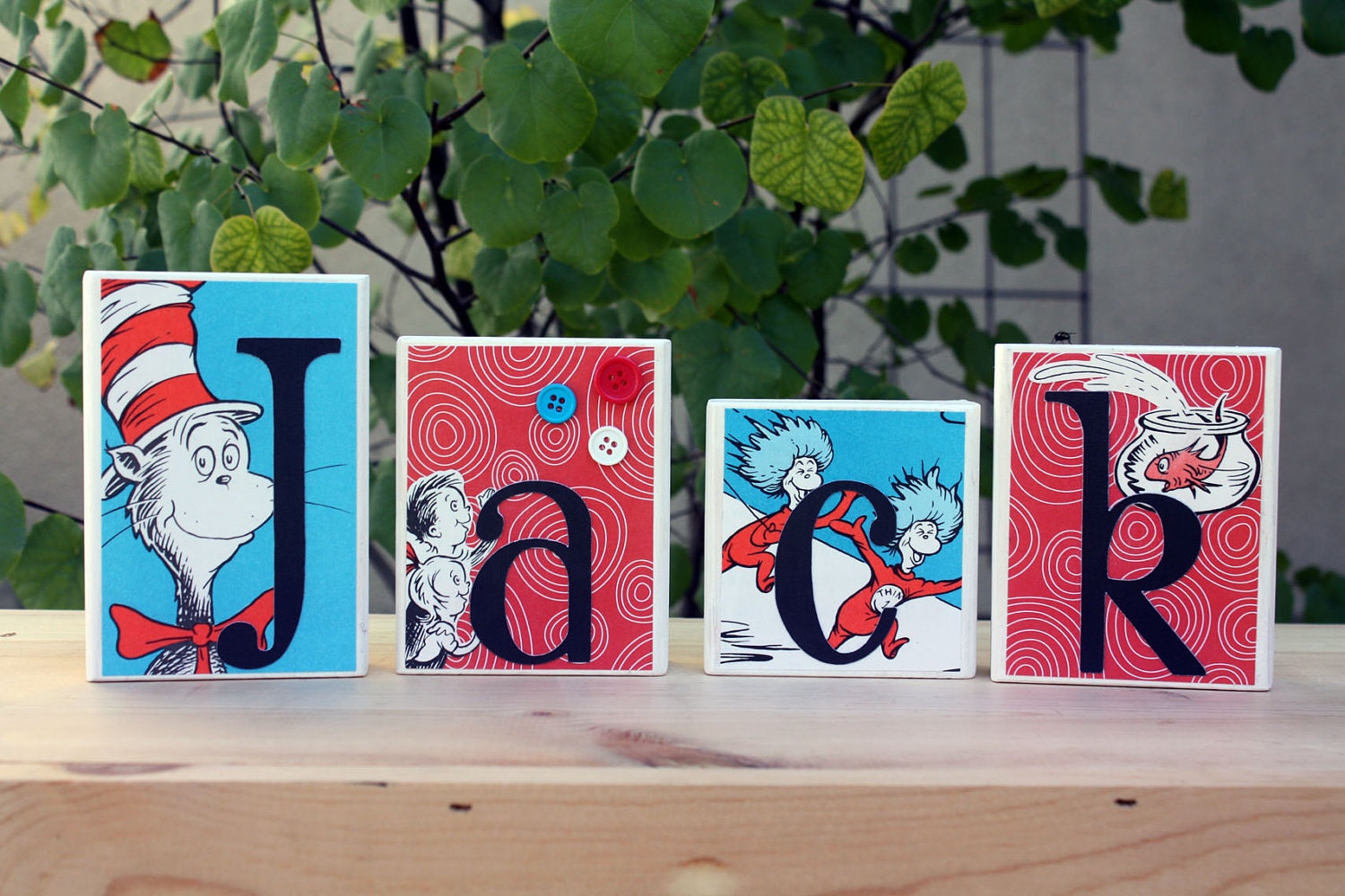 baby name blocks - Cat in The Hat  Blocks made with any name you choose- made using real vintage book pages