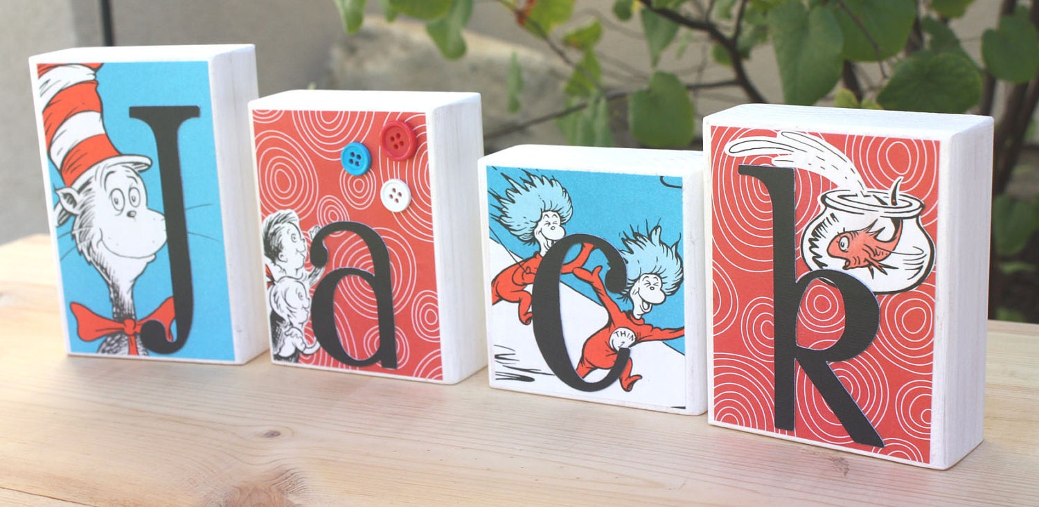 baby name blocks - Cat in The Hat  Blocks made with any name you choose- made using real vintage book pages