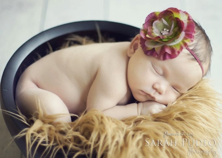 Newborn Headband..Baby Headband..Baby Girl Headbands.Toddler Headband.Burgundy and Lime Flower on a Skinny Headband..Photography Prop