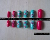 Turquoise & Red Vintage Rose with Polka Dots Nail Art Set