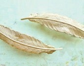 Petite Feather Barettes - Raw Brass Feather French Style Barrettes - Set of Two - Shabby Chic - Bridal