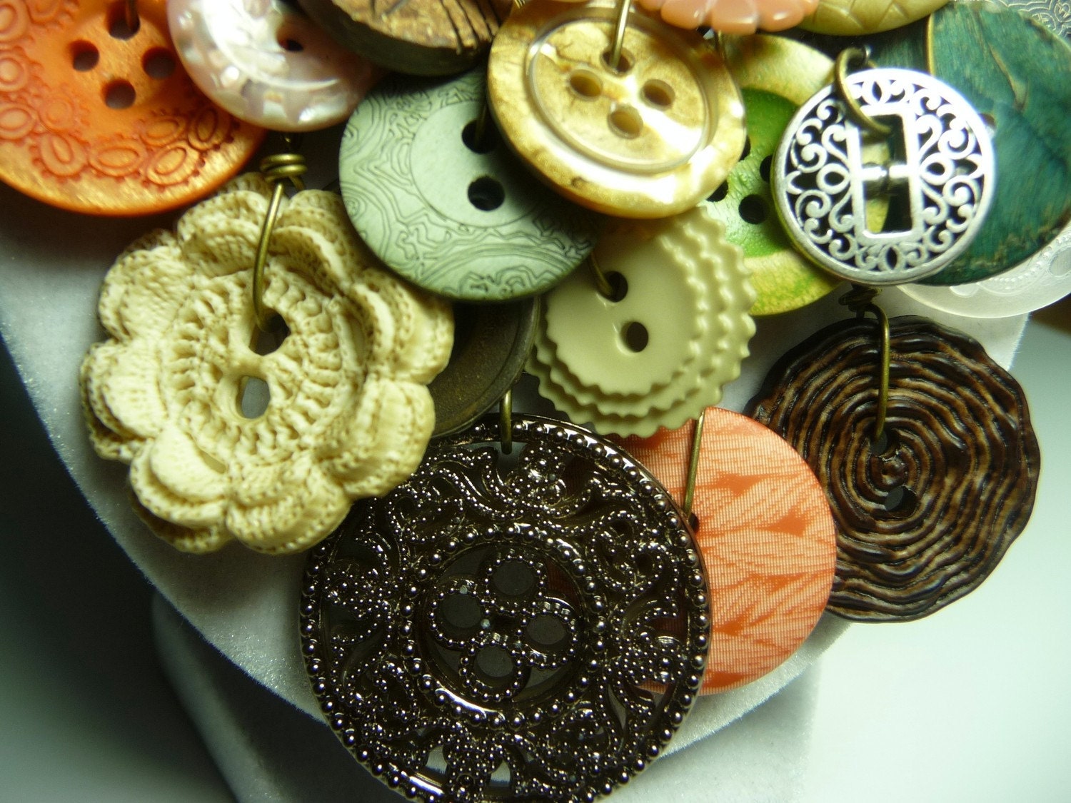 Bountiful Buttons - Vintage Button Necklace,Statement,AWARD WINNING,Green/Coral/Pearl/Ivory Buttons on Brass Chain,Repurposed