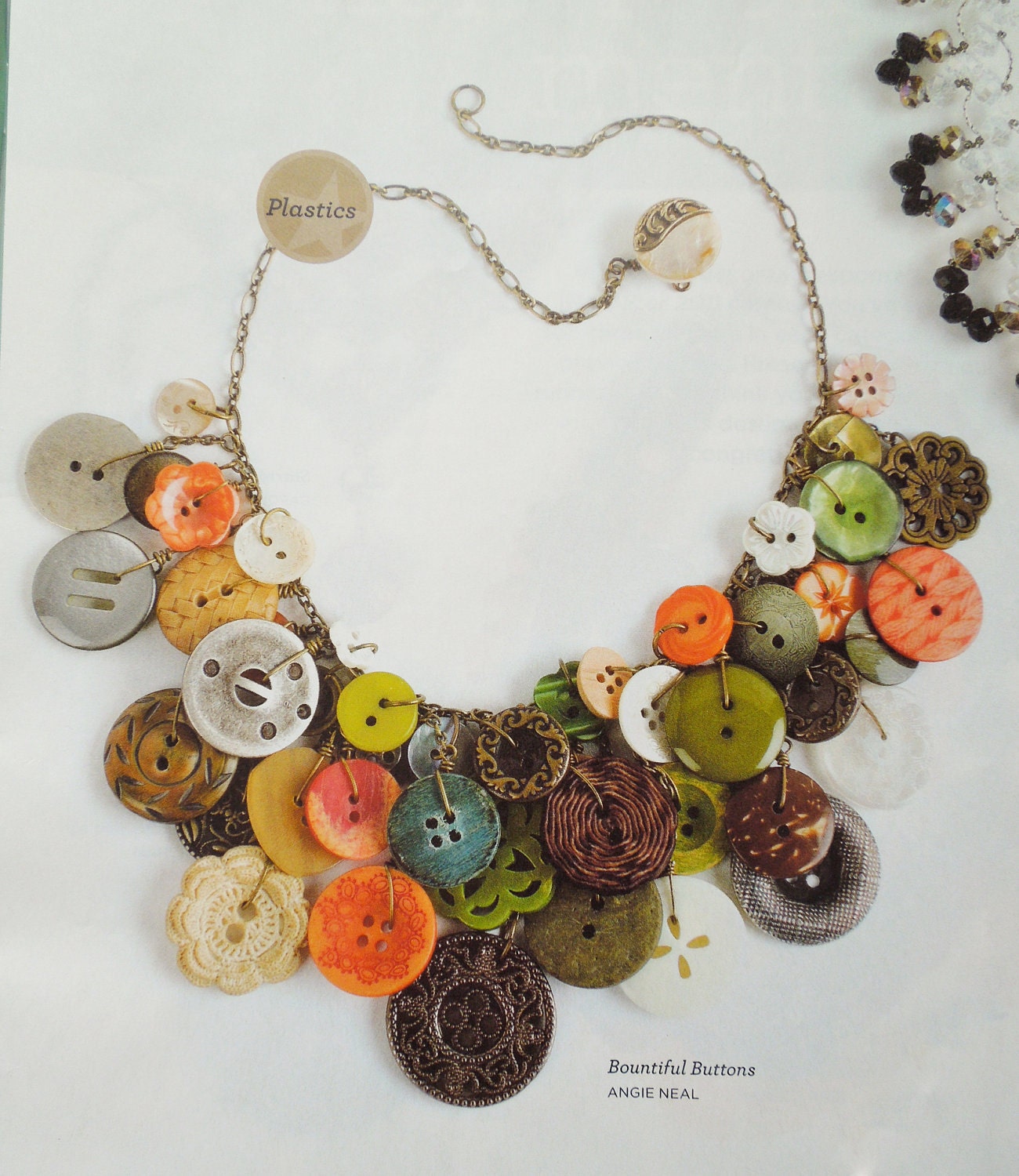 Bountiful Buttons - Vintage Button Necklace,Statement,AWARD WINNING,Green/Coral/Pearl/Ivory Buttons on Brass Chain,Repurposed