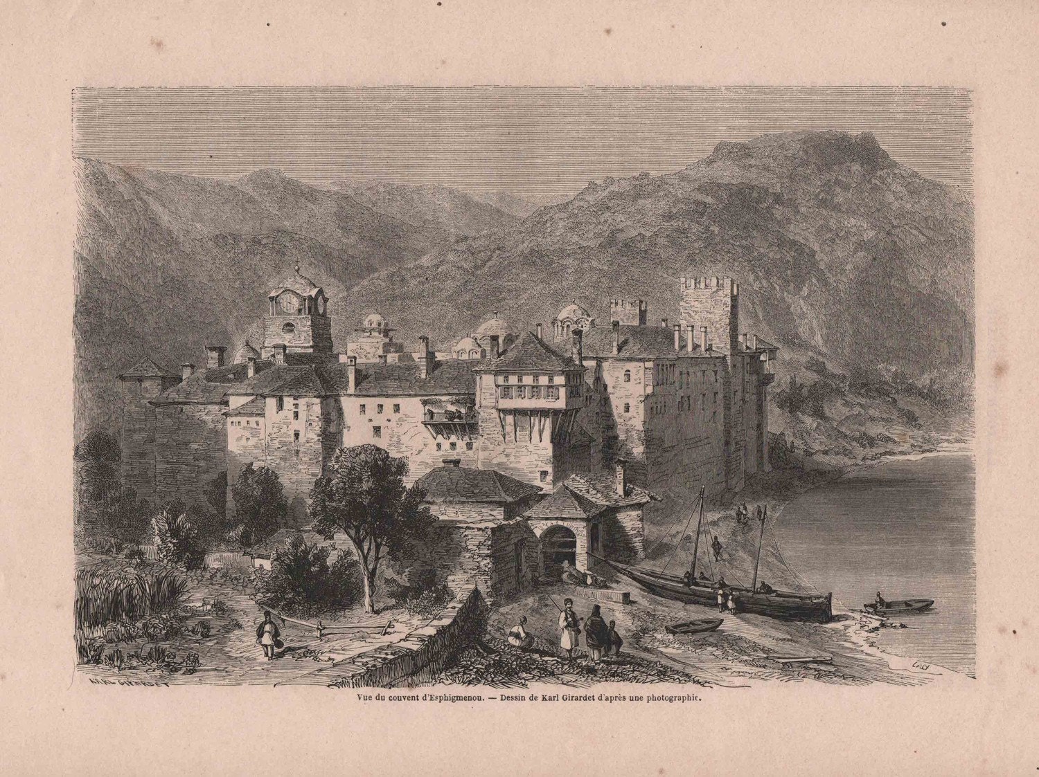 French Engraving from 1860-  Monastery- Greece View of the Esphigmenou
