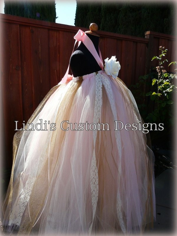 Amber Victorian Pale Pink, Shimmery Gold, & Ivory Flower Girl Gown for Toddlers up to 5T or a 23" Chest