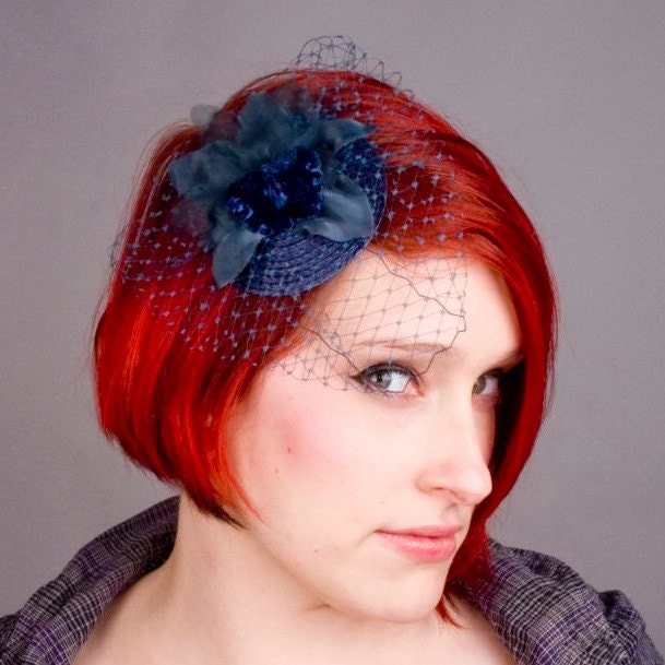 Navy-Blue Flower (Orchid) Fascinator-Small