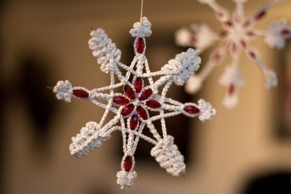 Crochet Christmas Snowflake Red Crystal Beads Wire Star Cotton Yarn Home Decoration Office Decor Gift designed by dodofit on Etsy