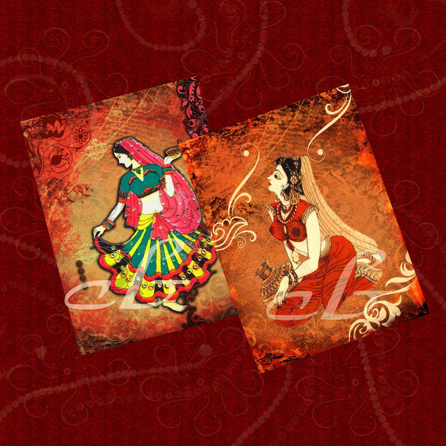 Ladies from ancient India -  vintage inspired / ancient art - Instant Download Collage Sheet for cards, gift tags, scrapbooking.