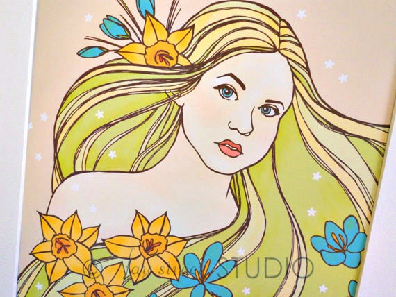 Fashion Fantasy Art Print Spring Flowers 8x10, Matted to 11x14