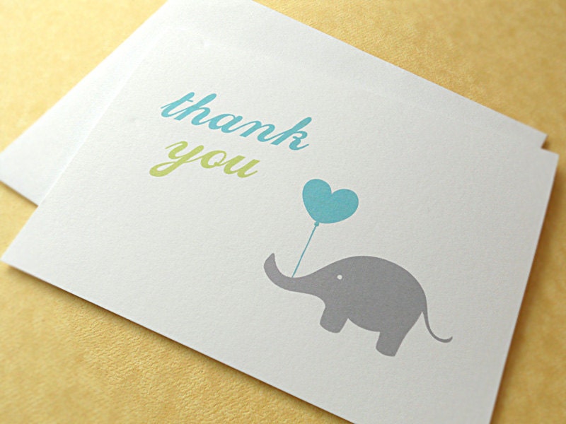 Elephant Thank You Notes, Blue and Green, 10-Count