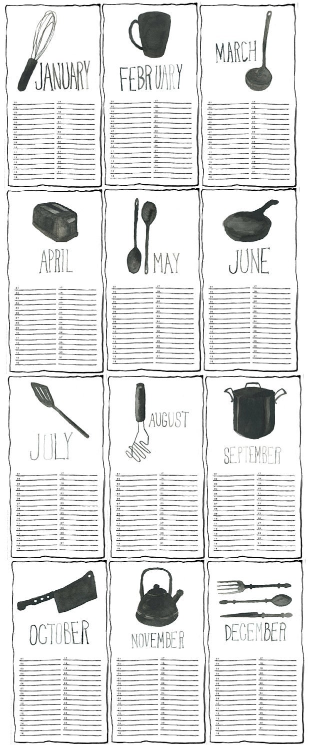 perpetual year wall calendar with illustrated kitchen utensils - small kitchen decor