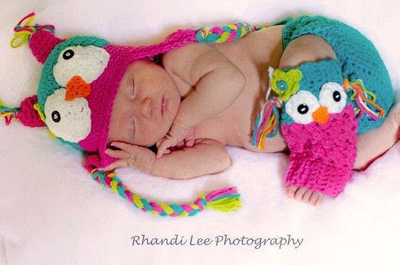 Girl OWL Set - Matching Hat and Leg Warmers- Made to Order- Newborn- 6T- Hot Pink, Teal, Lime Green