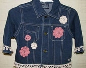 Girl Baby Denim Jacket with Pink Ecru Crocheted Blossom Size 3 to 6 months