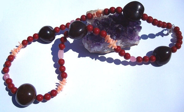 Red Necklace with Large Hearts and Chip Beads