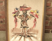 vintage 1960's Mexican art painting on fabric, framed, 1964, large, peasant man Mexiican home decor, sombrero hat