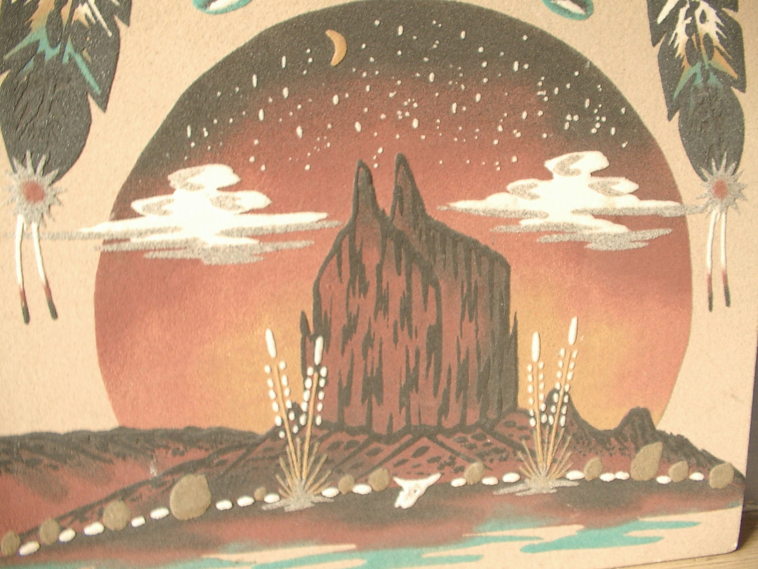 vintage southwest sand art painting, Native American Indian themed, 1960's, Wallace Watchman new mexico, mountain desert