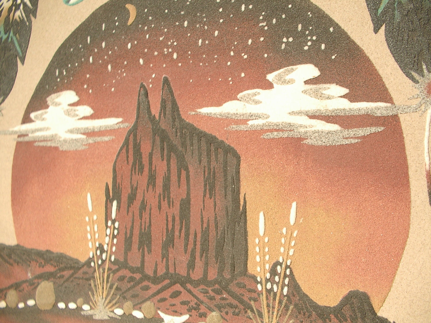 vintage southwest sand art painting, Native American Indian themed, 1960's, Wallace Watchman new mexico, mountain desert
