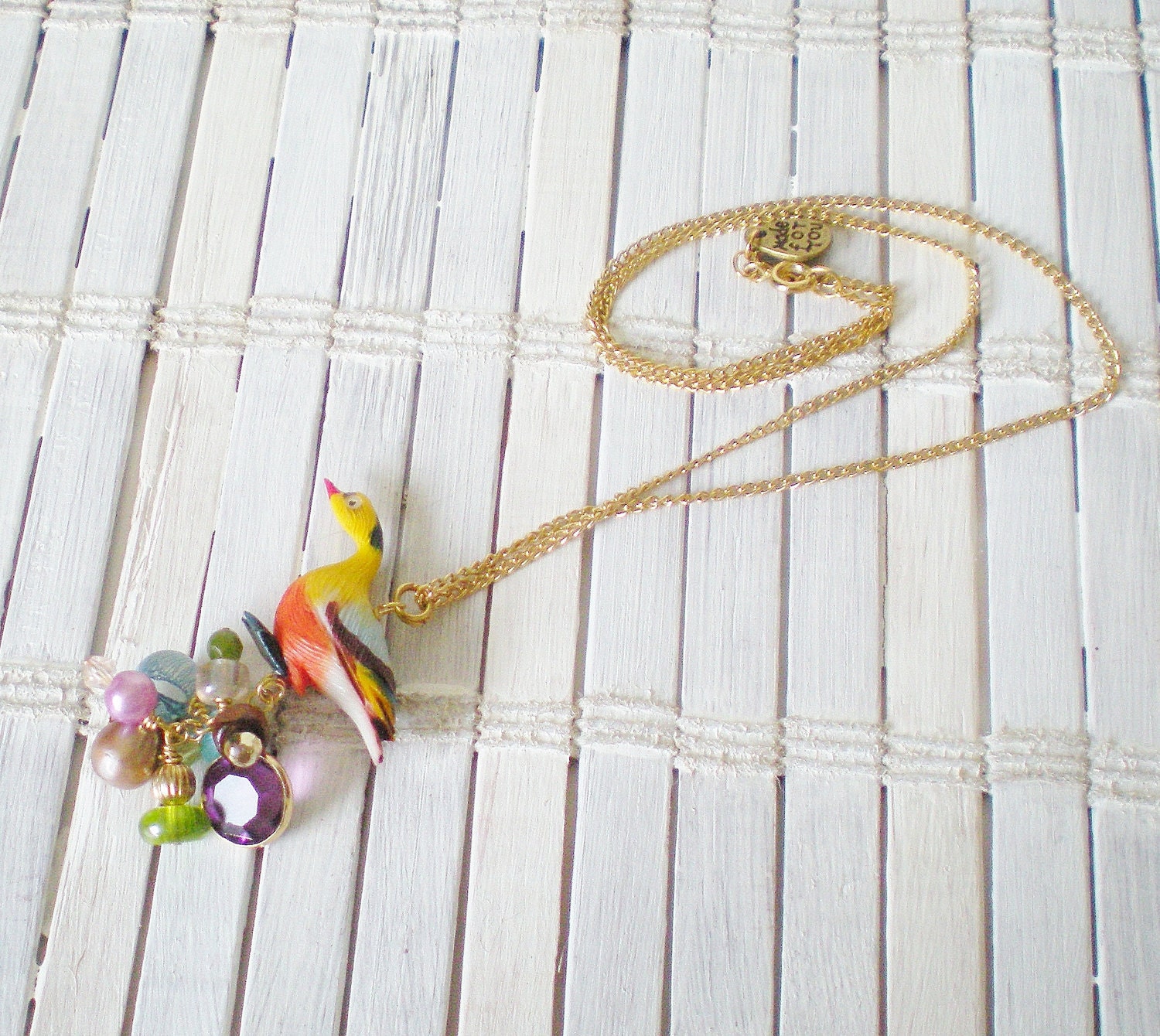 Yellow Duck Bird Necklace Upcycled Bead Dangles