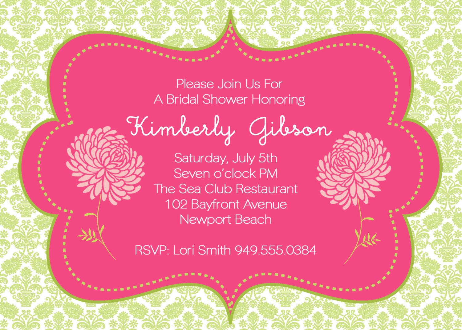 Digital Invitations  Party Invitations Bridal Shower or Baby Shower Invitation- Shabby Chic Hot Pink and Green Chrysanthemums Girl or Boy