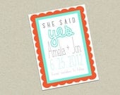 Save the date invitations, announcements, cards- Coral and Mint, Aqua, Grey modern scallop She said Yes