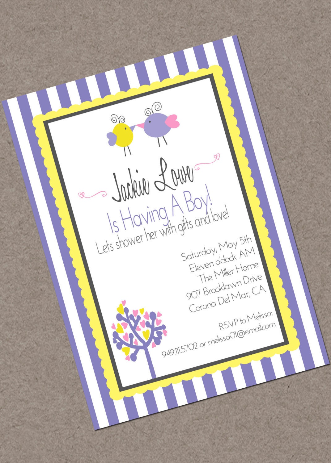 Baby Girl Shower Invitations Lavender Yellow Pink Birds, trees, stripes, Spring, scallop Custom colors available