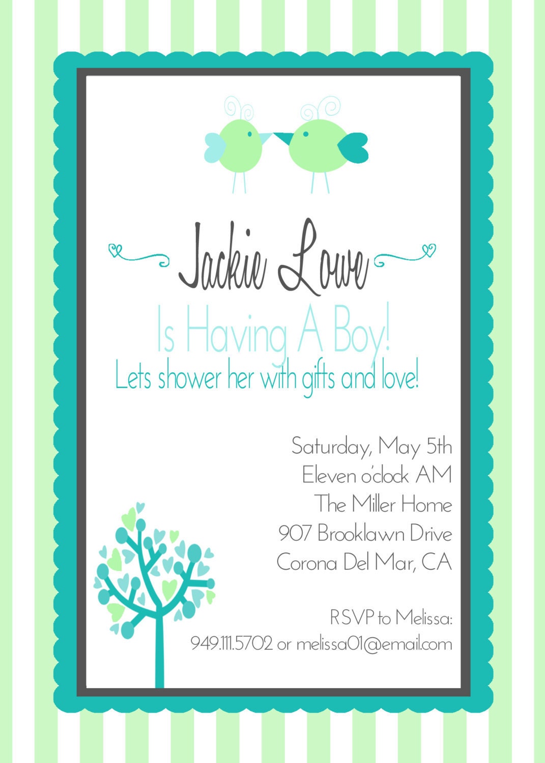 Baby Shower Invitations Teal, baby blue and mint with Birds and trees, custom colors available Il_570xn