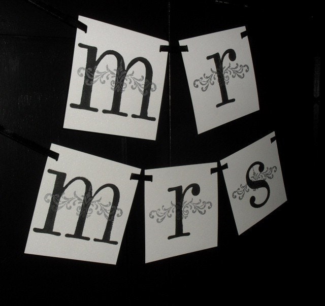 Mr. and Mrs. Banner Wedding Chair Sign Garland Photo Prop-White, black, silver-Custom colors Il_570xn
