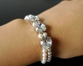 Bridal Pearl Bracelet - Bridesmaids Pearl Bracelet - Double Strand Pearl Bracelet -  Framed Swarovski Crystals - Celeste