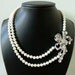 Bridal Pearl Necklace - Double Strand Pearl Necklace - Rhinestone Brooch Pendant - Vintage Inspired Ribbon - Joelle