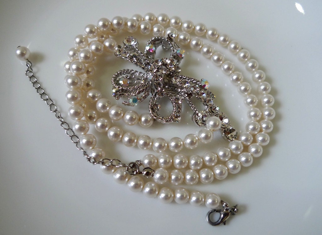 Bridal Pearl Necklace - Double Strand Pearl Necklace - Rhinestone Brooch Pendant - Vintage Inspired Ribbon - Joelle