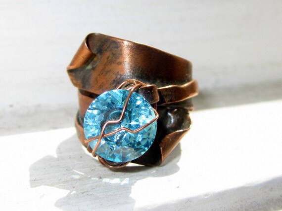 Copper Ring OOAK , Industrial Chic, Blue Topaz CZ , Wire wrapped Copper ring