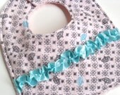 Baby Girl Bib and Burp Cloth Set - Princess Crowns - Pink with Aqua Satin Ribbon Accent - Absorbent Flannel / Terrycloth