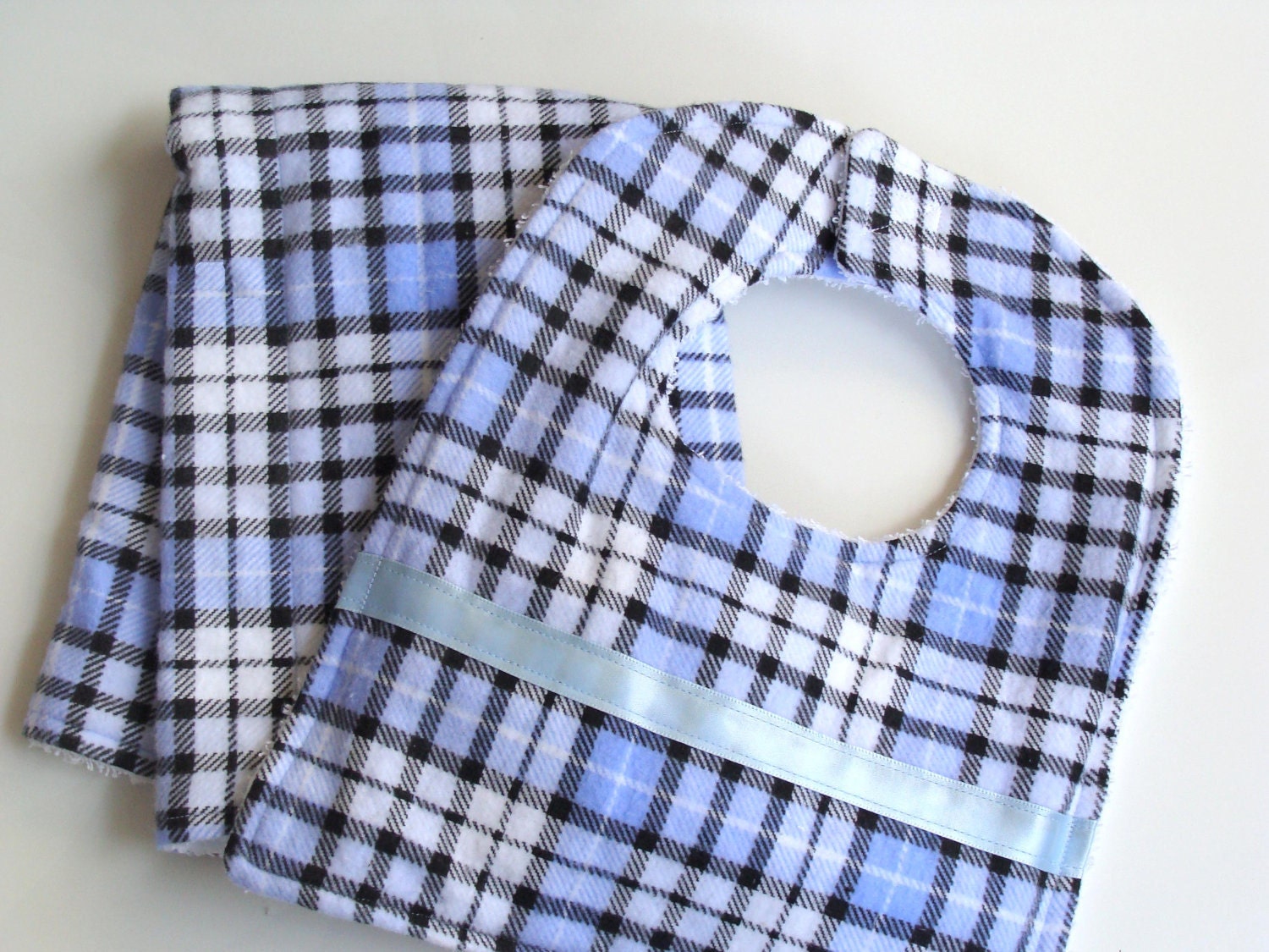 Baby Boy Bib and Burp Cloth Set - Little Prince - Blue White Black Plaid w/ Light Blue Satin Ribbon - Absorbent Flannel/Terrycloth