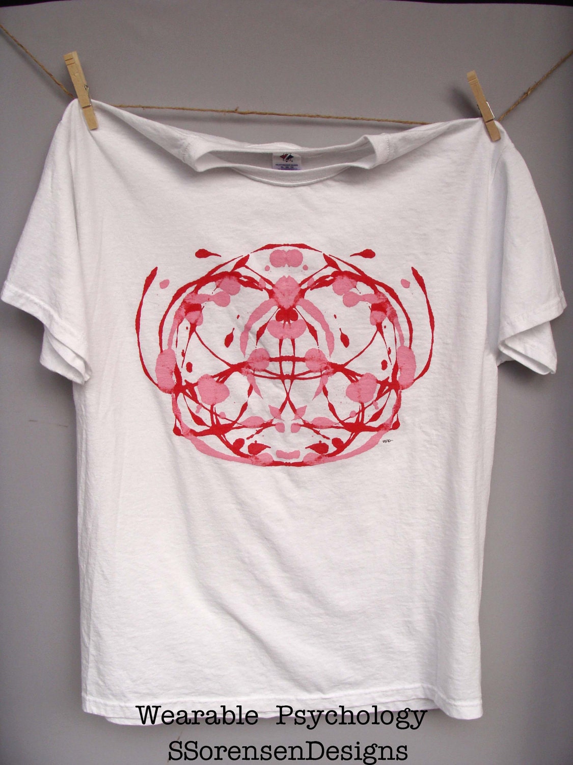 ON SALE - Unique t-shirt - Hand painted Ink Blot Design - Wearable Psychology - White cotton pink / red design - one-of-a-kind - Adult XL
