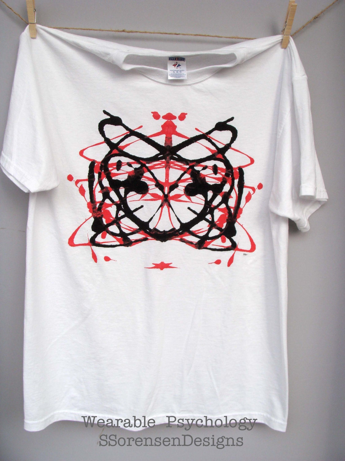 ON SALE - Unique T-Shirt - Ink Blot Design - Wearable Psychology - Hand painted - Adult XL Cotton/Poly -White tee with black / red design