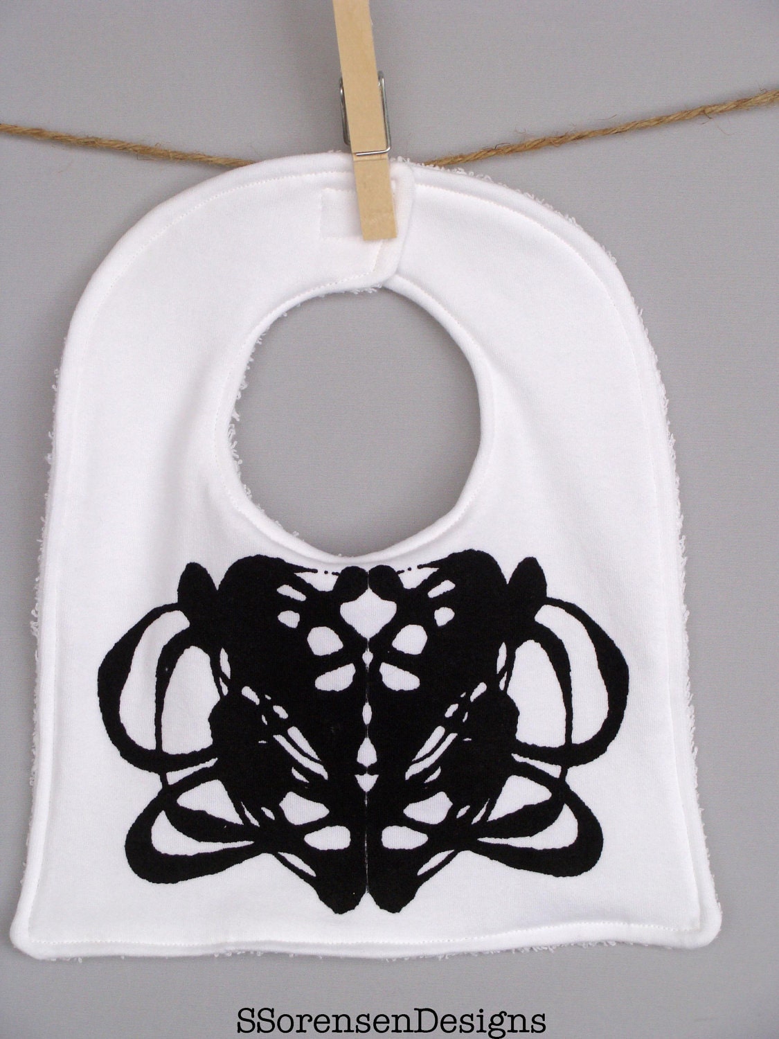 Unique Baby Gift - Ink Blot Baby Bib - Black and White Design - 0-12 months - Soft Jersey Front - Absorbent Terrycloth Back - Velcro Closure