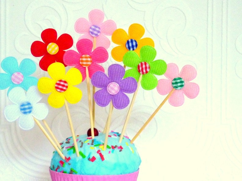 Felt Flower Party Picks - cupcake topper, cake topper, wedding, birthday, rainbow, felt, baby shower, bridal shower, red, pink, green, white