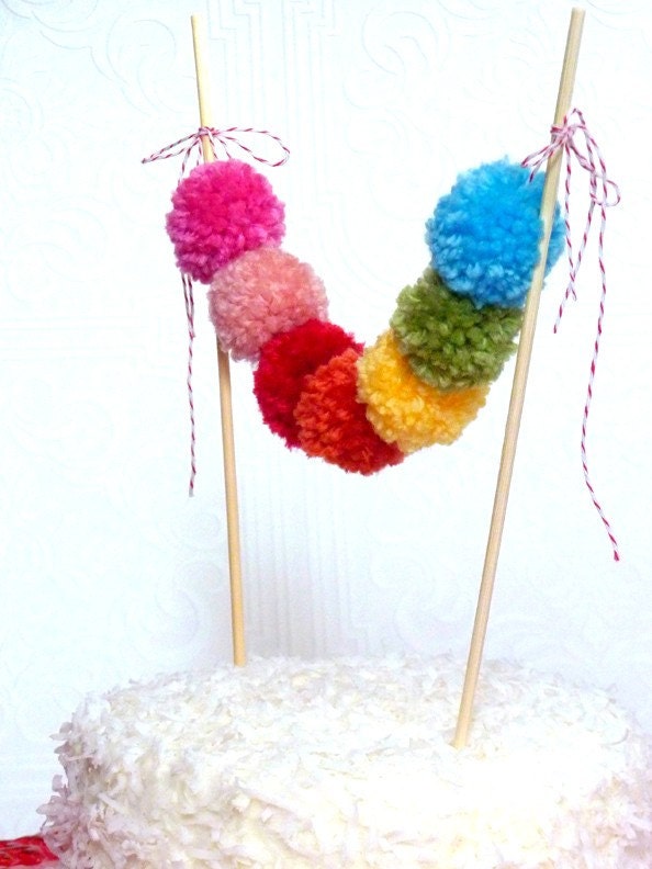 Yarn Pom Cake Garland - Rainbow - cake bunting, cake topper, cupcake pick, birthday party, decoration, wedding, baby shower, pom poms