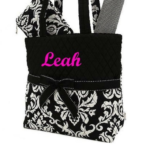 Diaper Bag Personalized Black Damask Quilted Set
