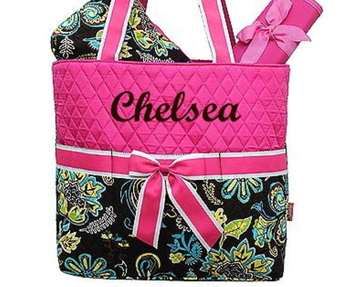 Personalized Diaper Bag Hot Pink Brown Paisley Set