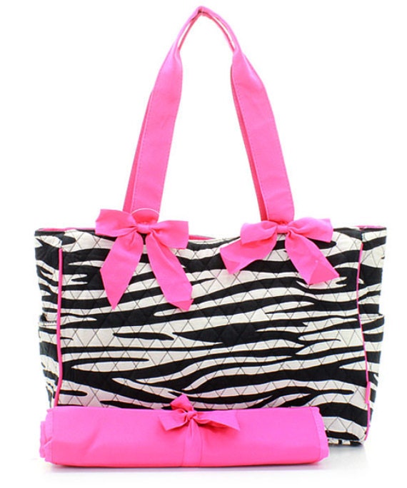 Diaper Bag Personalized Zebra Black Fuchsia Quilted Set