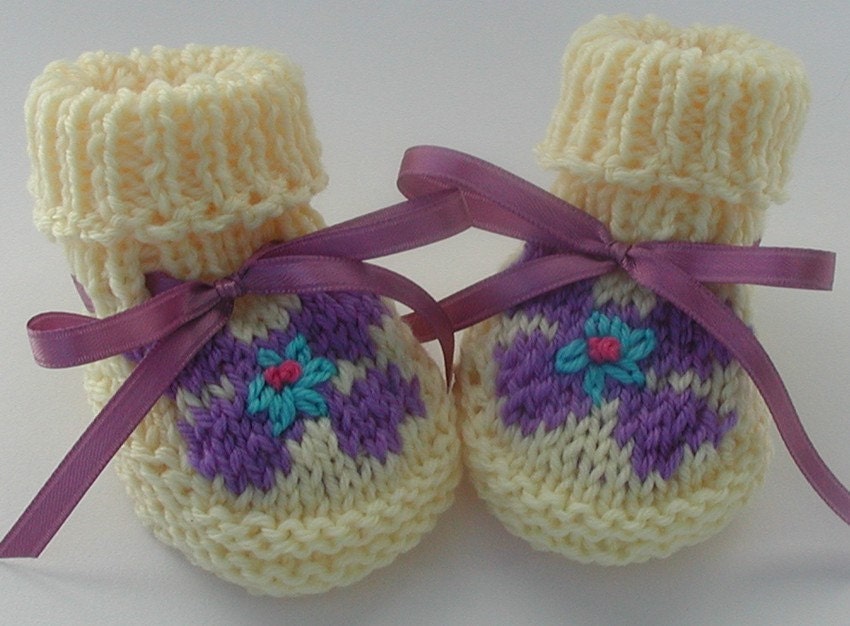 Baby Girl Hand Knit Booties Embroidered Purple Flower