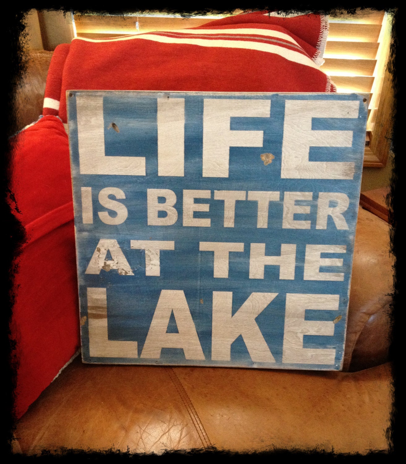Life is better at the Lake - distressed rustic subway style wood sign - Several colors - for your lake house, cabin, camper