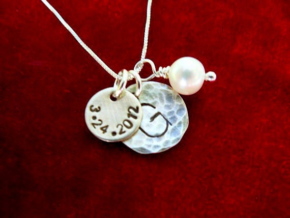 Initial Necklace Hand Stamped Sterling Silver with Date Tag